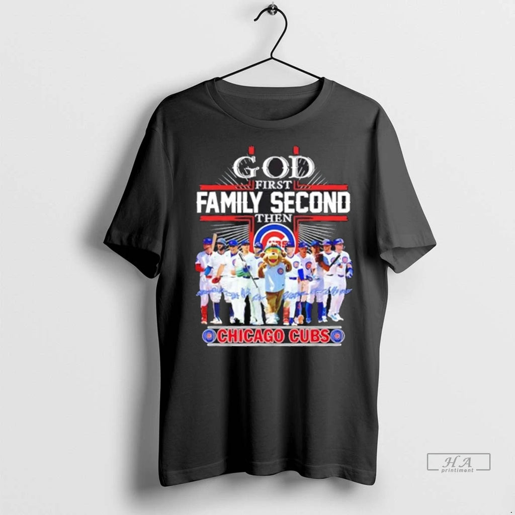 Trendy God First Family Second Then Chicago Cubs Baseball Mascot And Players Shirt Sweater
