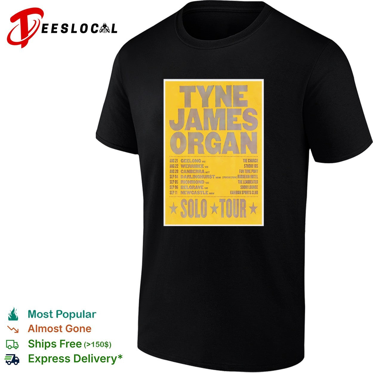 Tyne James Organ solo tour 2026 poster with Australia city dates listed shirt
