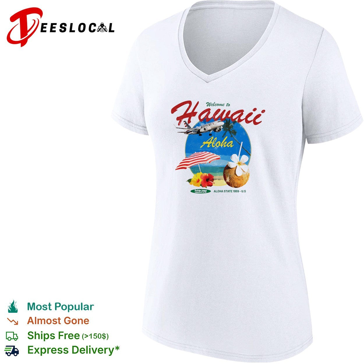 Welcome to Hawaii Aloha retro postcard with airplane palm trees and tropical drinks shirt