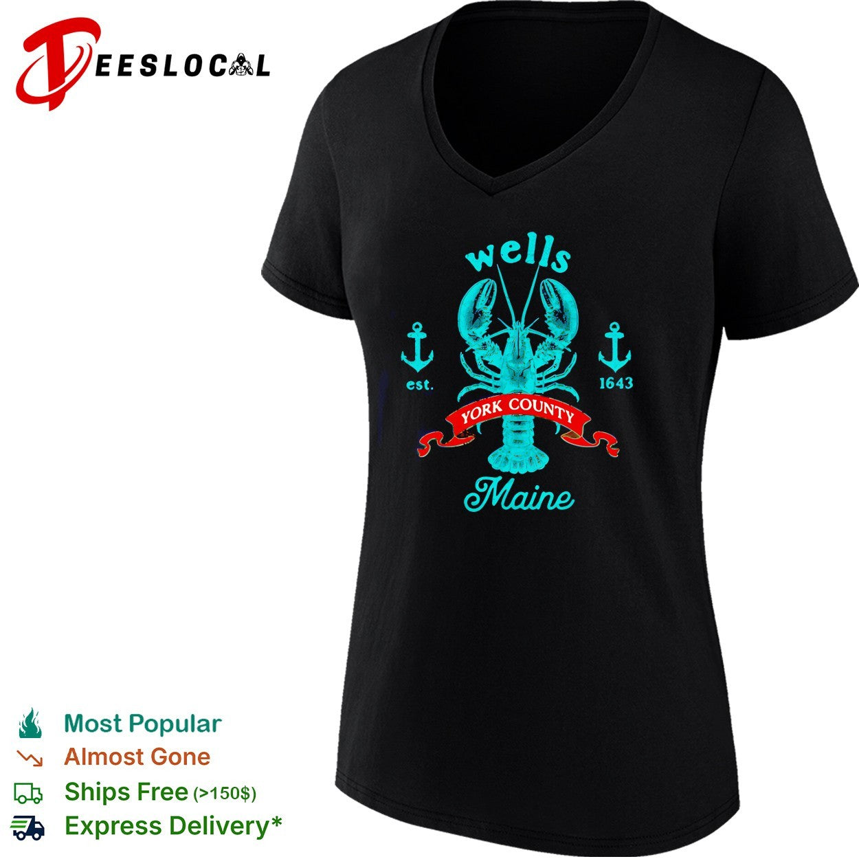 Wells York County Maine lobster crest with crossed anchors est 1643 emblem shirt