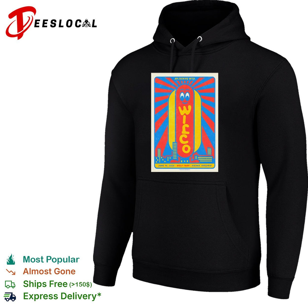 Wilco an evening with smiling hot dog character and sunburst rays poster shirt