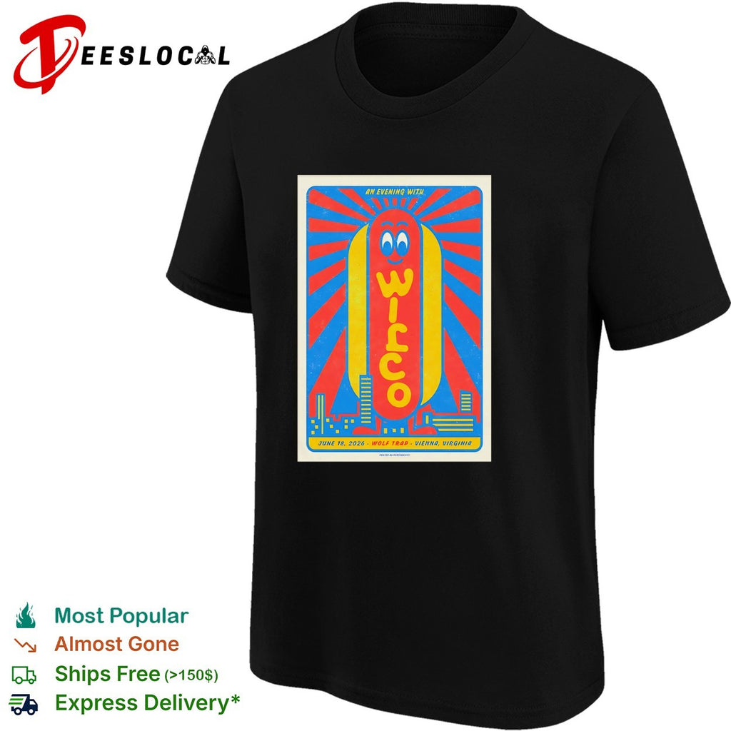 Wilco an evening with smiling hot dog character and sunburst rays poster shirt