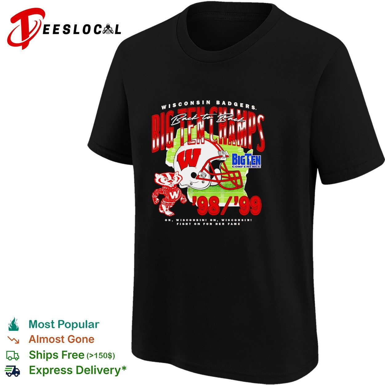 Wisconsin Badgers Big Ten champs helmet Bucky Badger mascot 98 99 shirt
