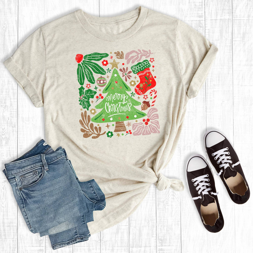 Boho Retro Merry Christmas Tree Graphic Tee