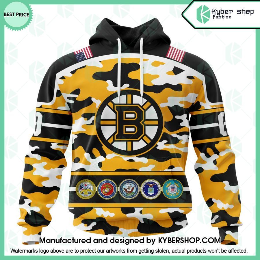Boston Bruins Design Wih Camo Team Color And Military Force Logo CUSTOM Hoodie