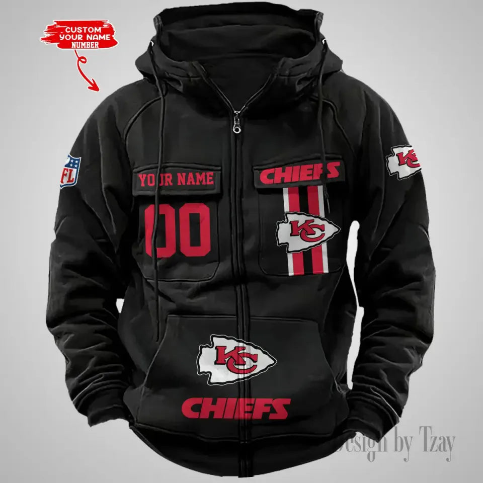 Personalized Name & Number CChiefs Vintage Men's Cargo Zip Hoodies