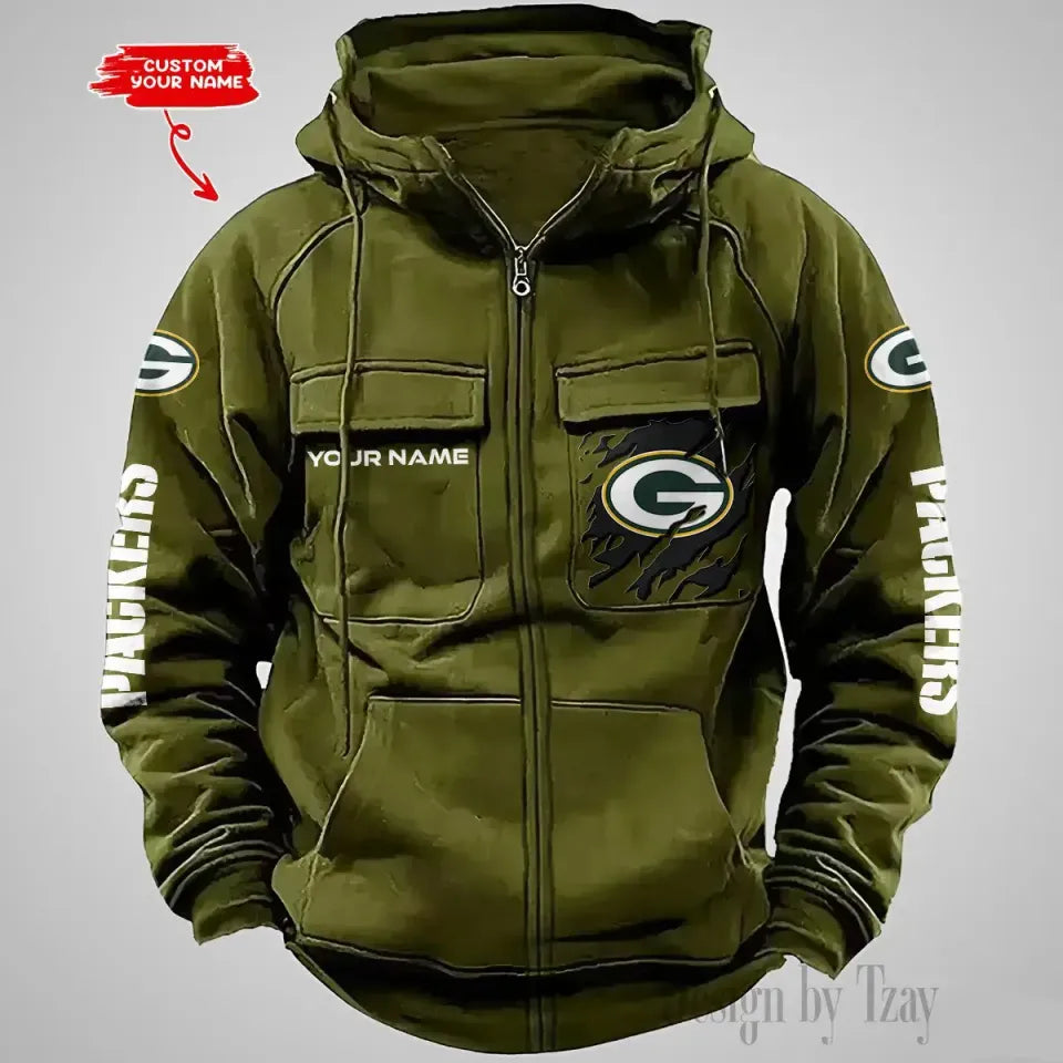 Personalized Name Green Bay Vintage Cargo Zip Hoodies