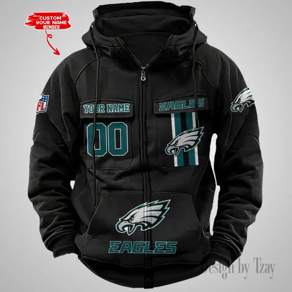 Philadelphia Personalized Football Vintage Men's Cargo Zip Hoodies