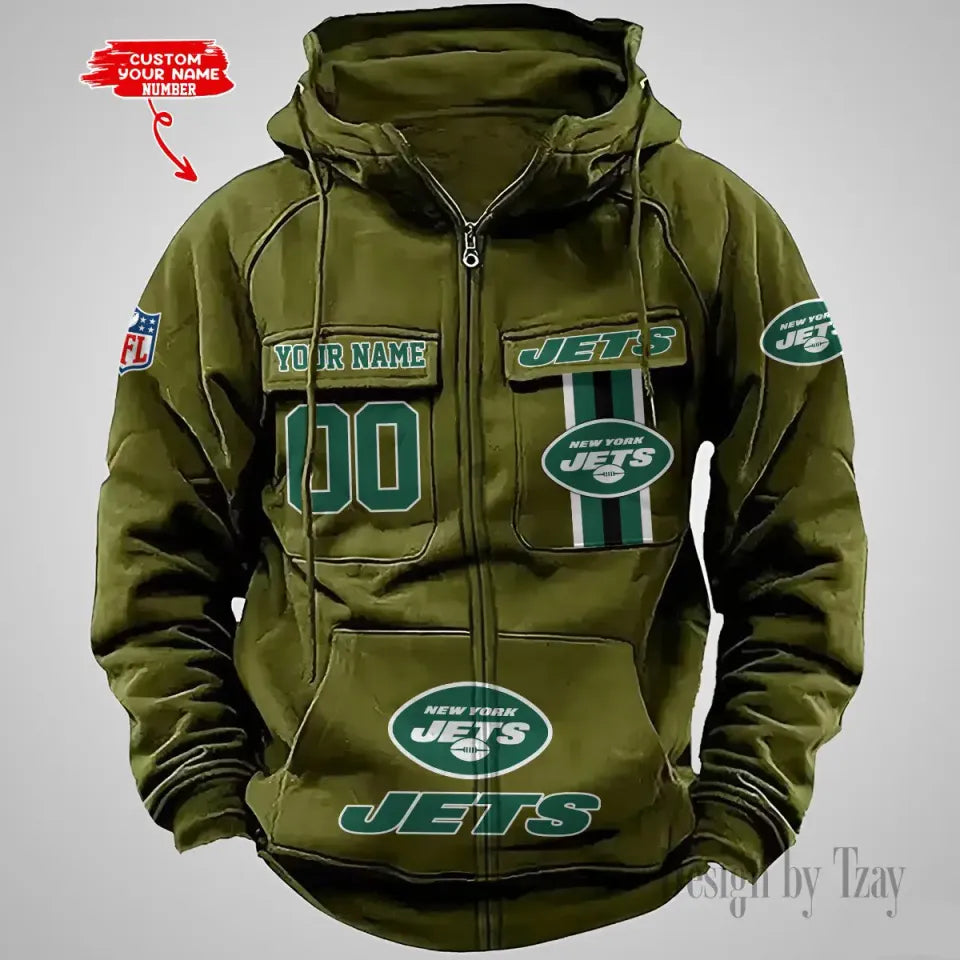 Custom Name & Number New York Jets Vintage Cargo Zip Hoodies
