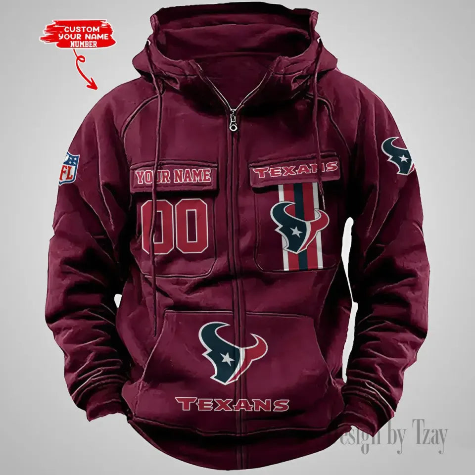 Custom Name & Number Houston Vintage Cargo Zip Hoodies