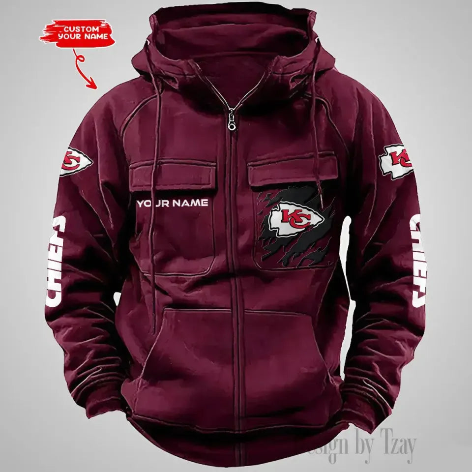 CChiefs Custom Name Vintage Men's Cargo Zip Hoodies