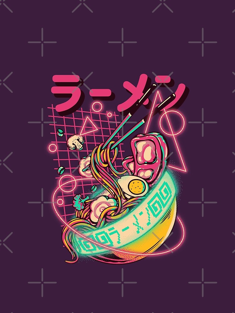 Retro Ramen - Retrowave Ramen With Geometric Neon elements, Udon Noodles Metaverse Cyberpunk Vaporwave synth 80s 90s webcore digital gaming style Merch by Any Color Designs