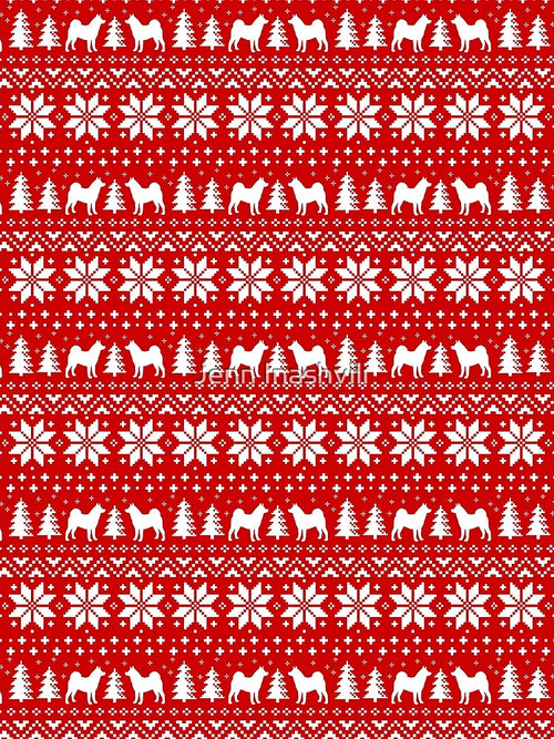 Akita Dog Silhouettes Red and White Christmas Holiday Pattern by Jenn Inashvili