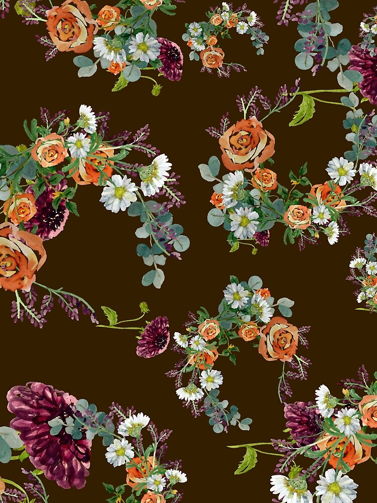 Dahlia red rose daisy pattern watercolor brown by Yana Mustafina | Boho Soulful Designs Unisex , , , Long Sleeve Tee