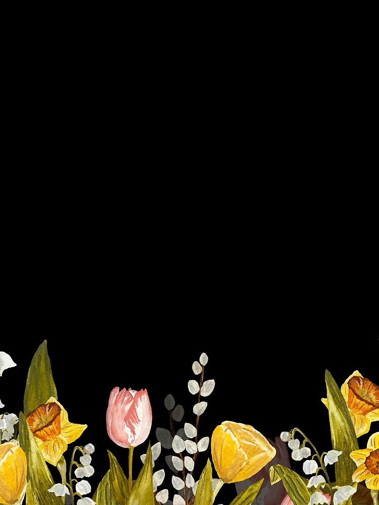 Border snowdrop tulip flower daffodil a watercolor black by Yana Mustafina | Boho Soulful Designs