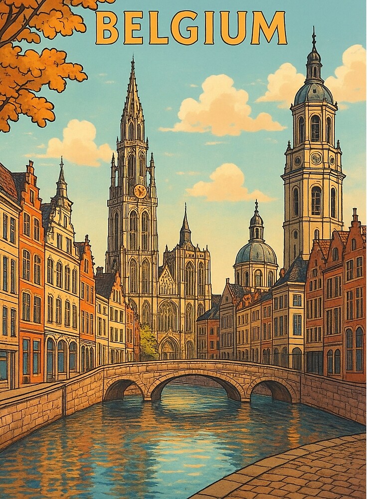 Belgium Vintage Style Illustration by TownWish Unisex , , , Long Sleeve Tee