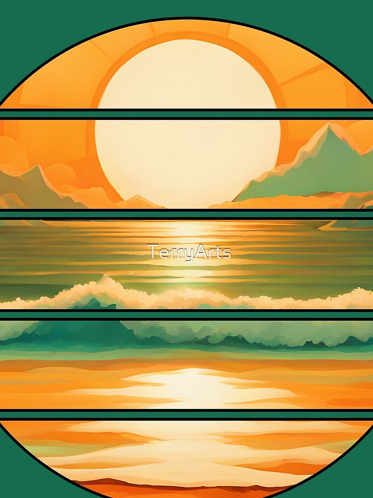 Retro Sun Beach Ocean Mountains Sky AI Art - Orange with black edge by Beachy Unisex , , , Long Sleeve Tee