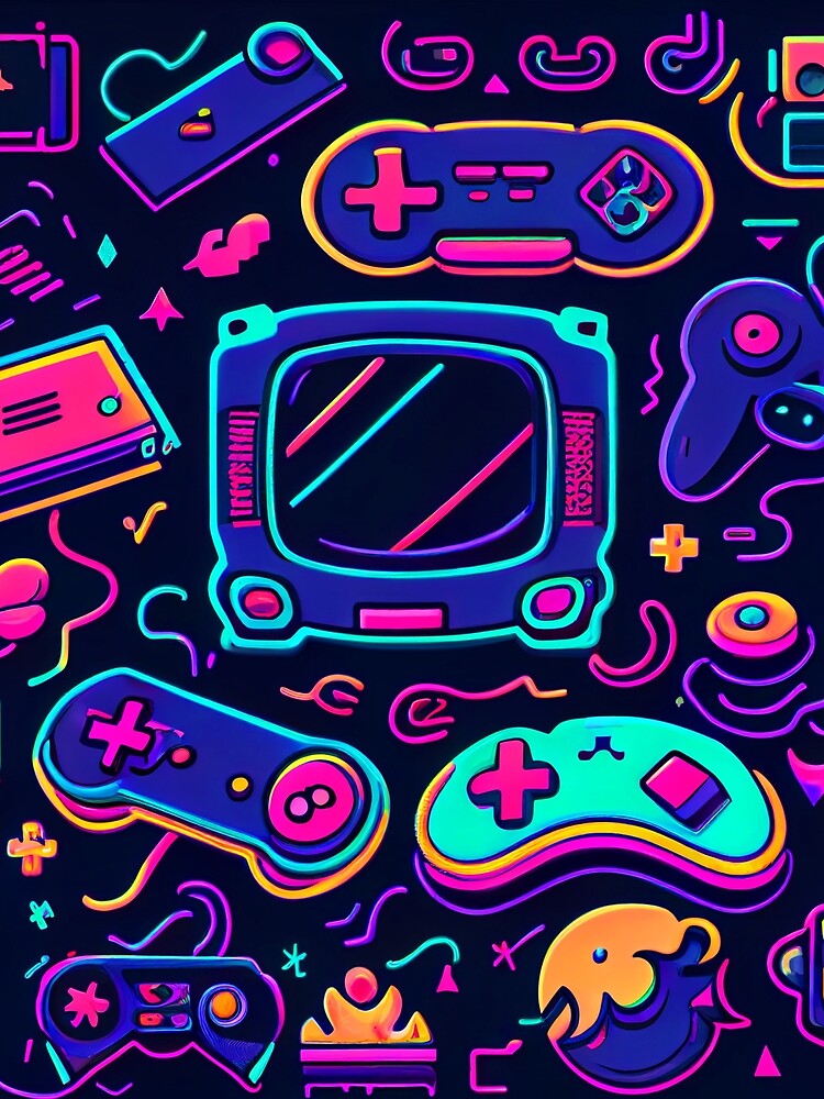 Retro Gaming Glow - 80's Style Gaming Pattern by UniqueDesignsC Unisex , , , Long Sleeve Tee