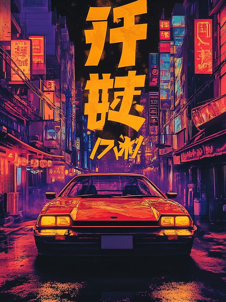 Retro Sports car at night in Tokyo street by TheArtistOf2022 Unisex , , , Long Sleeve Tee