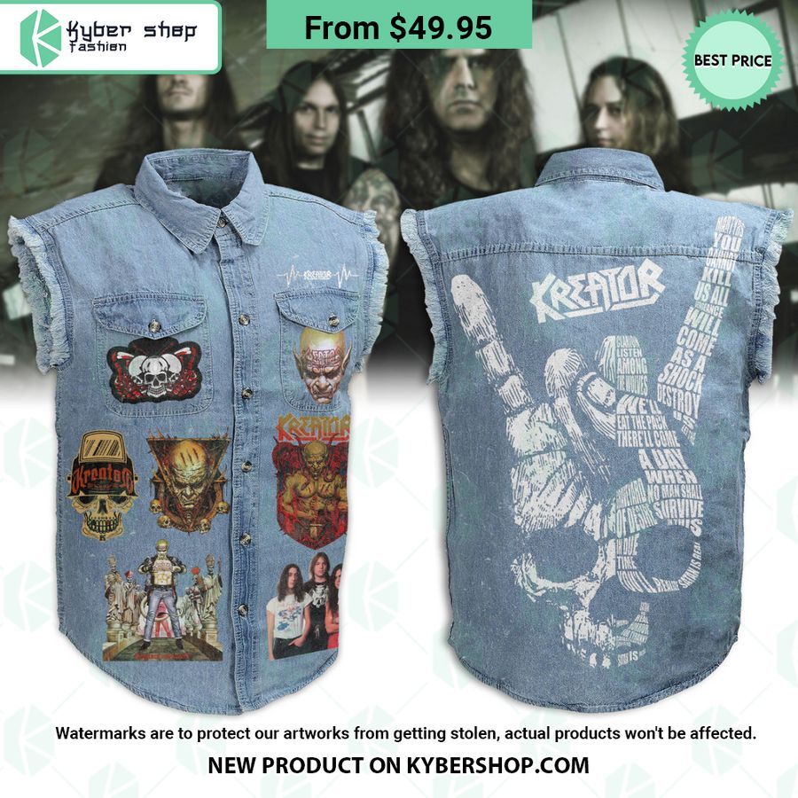 Kreator Rock Hand Sign Sleeveless Denim Jacket