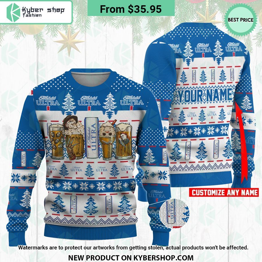 Michelob Ultra Horror Characters Drink Ugly Christmas Sweater