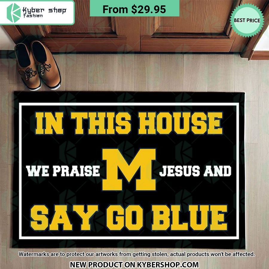 Michigan Wolverines In This House We Praise Jesus and Say Go Blue Doormat