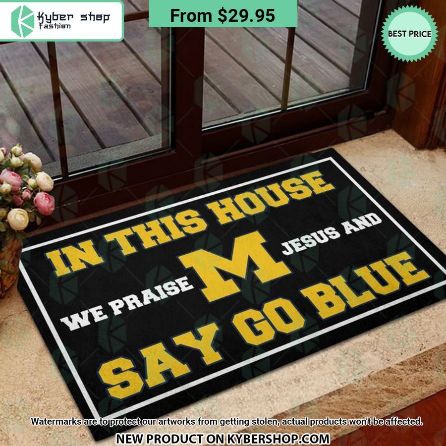 Michigan Wolverines In This House We Praise Jesus and Say Go Blue Doormat