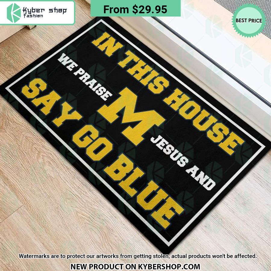 Michigan Wolverines In This House We Praise Jesus and Say Go Blue Doormat