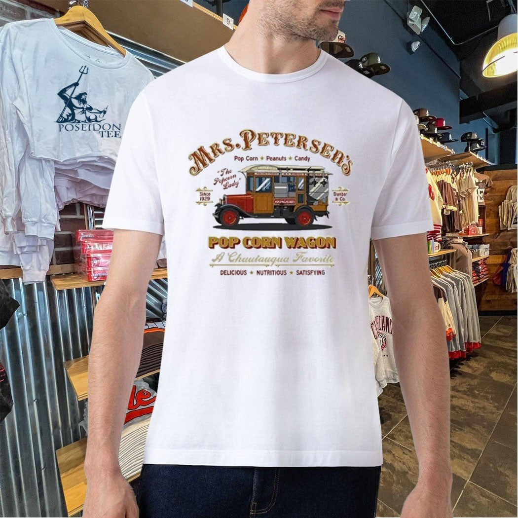 Mrs. Peterson’s Pop Corn Wagon The Popcorn Lady Since 1929 Chautauqua Favorite Vintage Popcorn Truck Graphic T-shirt