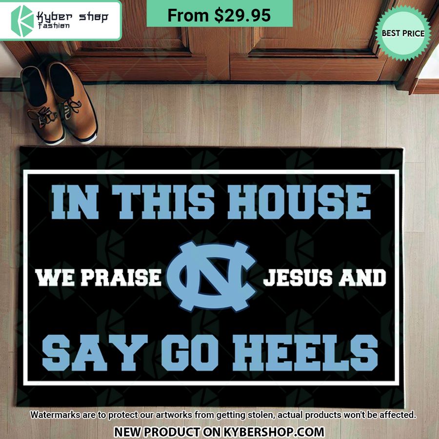 North Carolina Tar Heels In This House We Praise Jesus and Say Go Heels Doormat