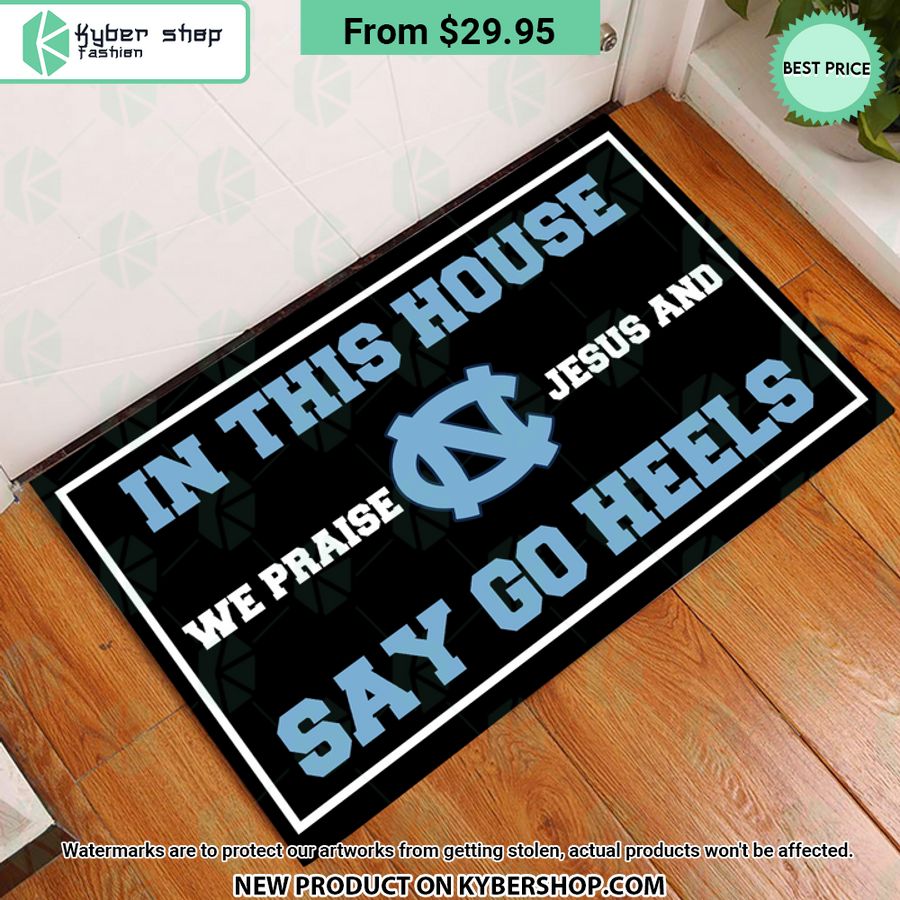 North Carolina Tar Heels In This House We Praise Jesus and Say Go Heels Doormat