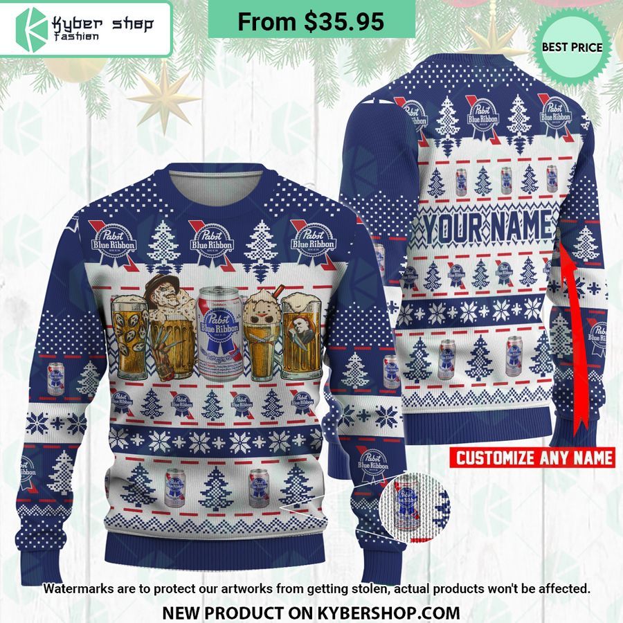 Pabst Blue Ribbon Horror Characters Drink Ugly Christmas Sweater