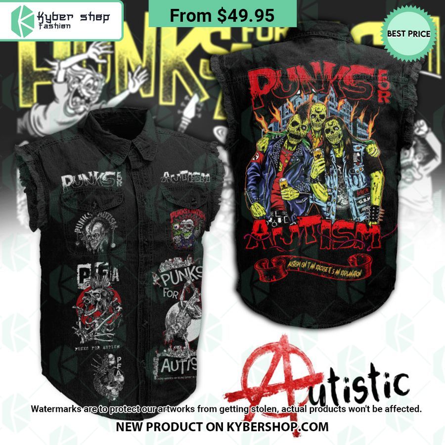 Punks For Autism Skull Sleeveless Denim Jacket