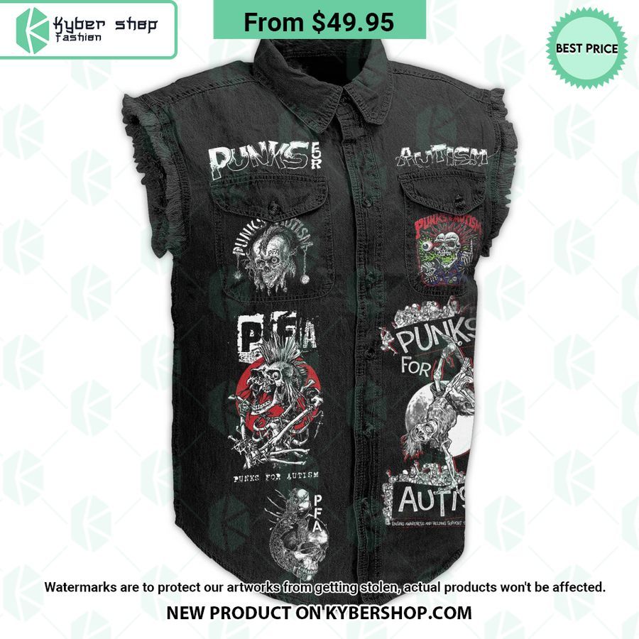 Punks For Autism Skull Sleeveless Denim Jacket