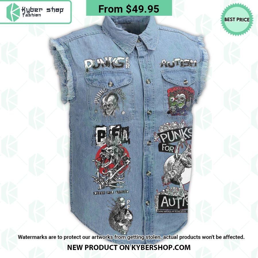 Punks For Autism Skull Sleeveless Denim Jacket