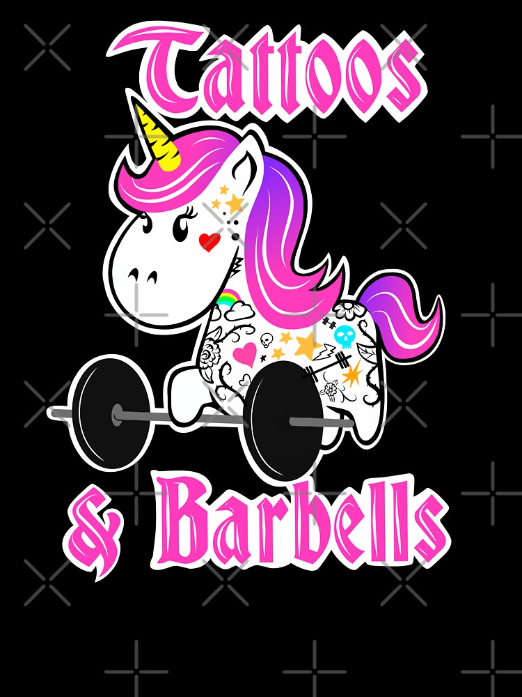 Fitness girl, barbell unicorn, tattoos and barbells by Tim Addison Unisex , , , Long Sleeve Tee