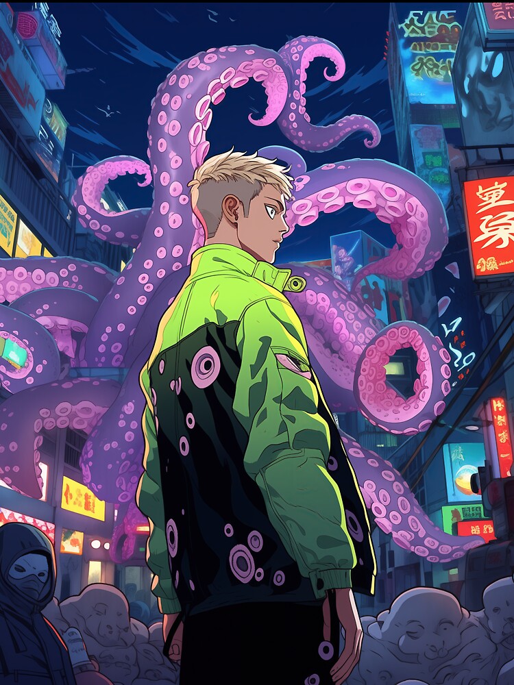 New Monster anime boy in cyberpunk city with tentacles portrait art by TheArtistOf2022 Unisex , , , Long Sleeve Tee