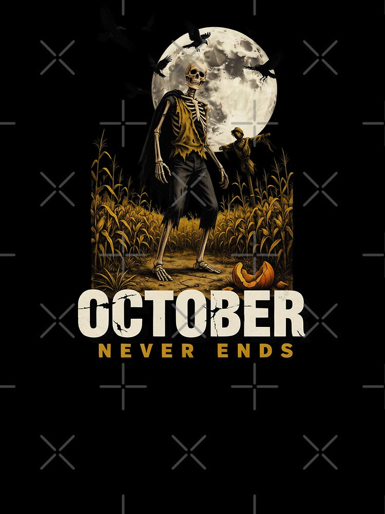 October Never Ends, Skeleton Cornfield Scarecrow Vintage Horror Movie Poster 80s by CryptReel