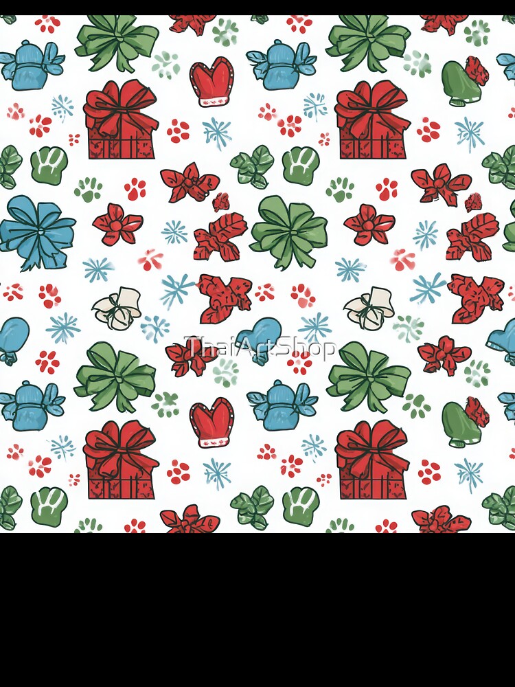 Cute Christmas Gift Wrap Pattern with Bows, Presents, and Mittens – Festive Holiday Design by ThaiArtShop
