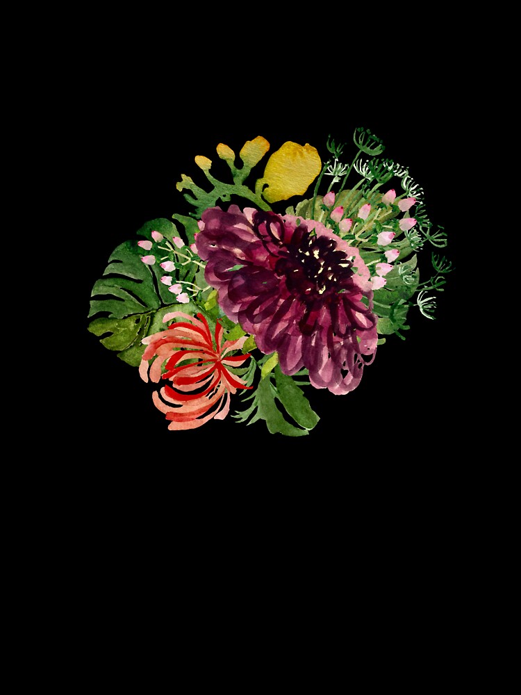 Dahlia palm leaf chrysanthemum cute a watercolor black by Yana Mustafina | Boho Soulful Designs