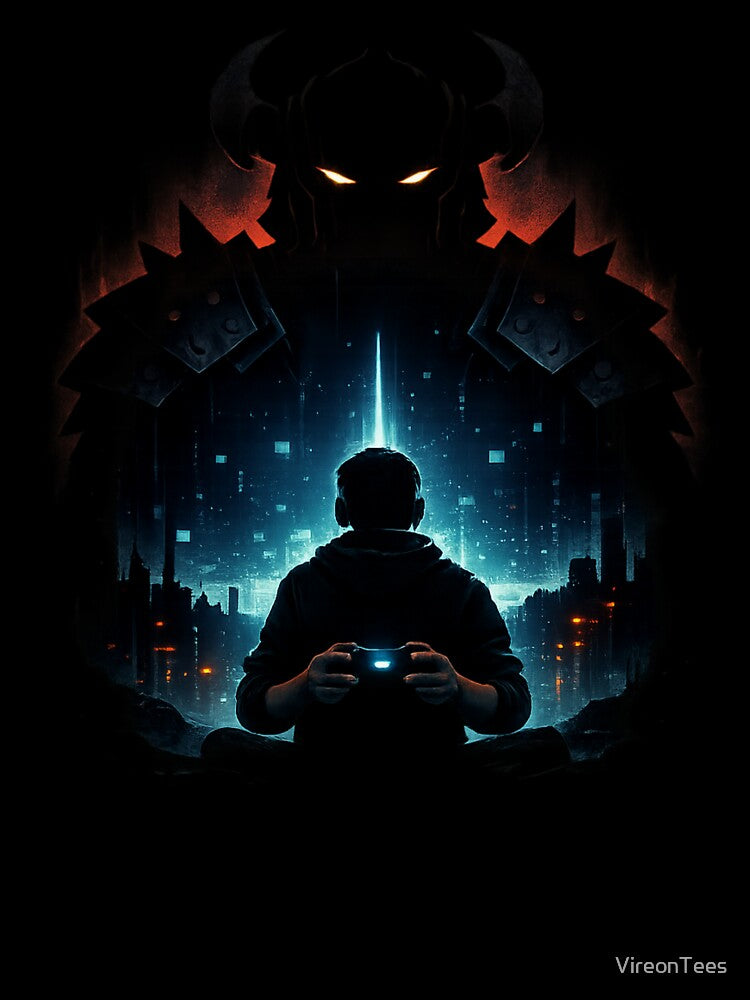 Facing the Final Boss – Dark Gamer Artwork | Cyber Fantasy Gaming by VireonTees Unisex , , , Long Sleeve Tee