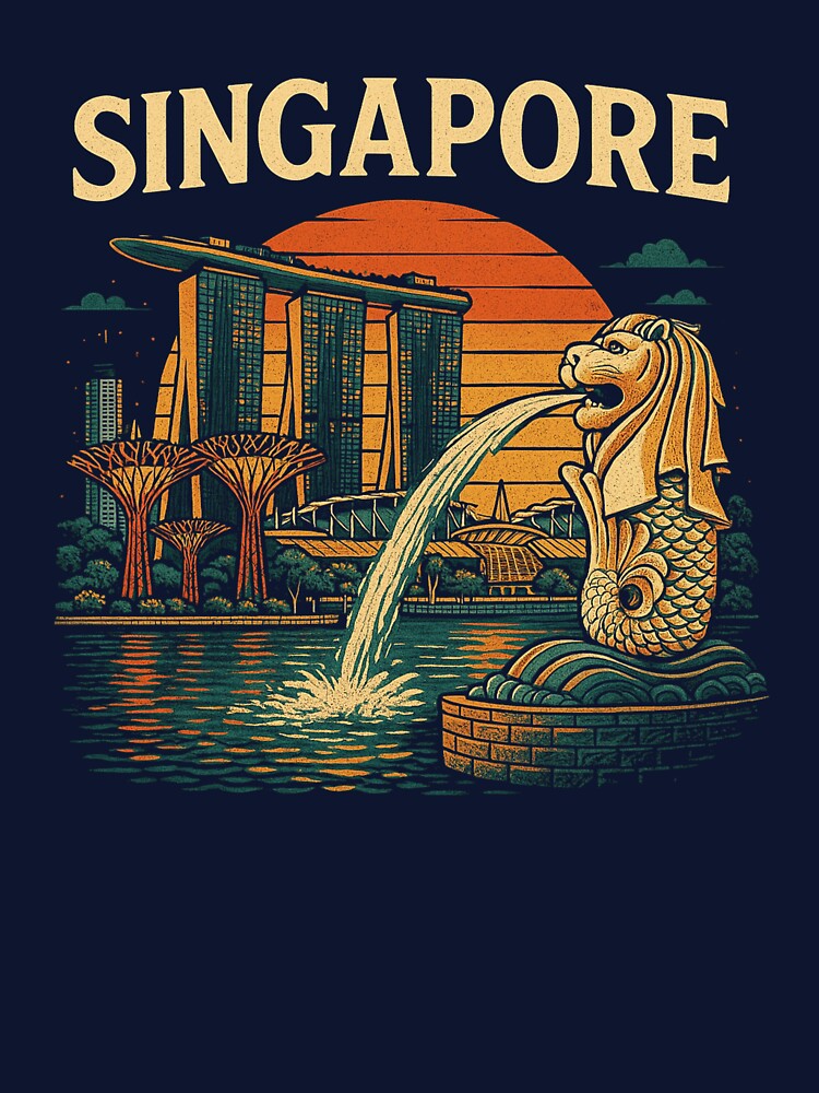 Singapore Merlion Retro Skyline Vintage Travel Souvenir Design by UrbanKangaroo Unisex , , , Long Sleeve Tee