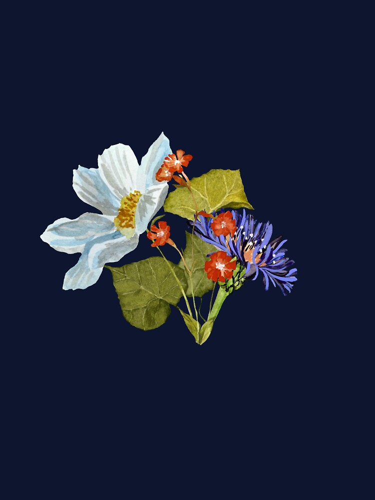 Camomile red blue flower bouquet a watercolor grey by Yana Mustafina | Boho Soulful Designs