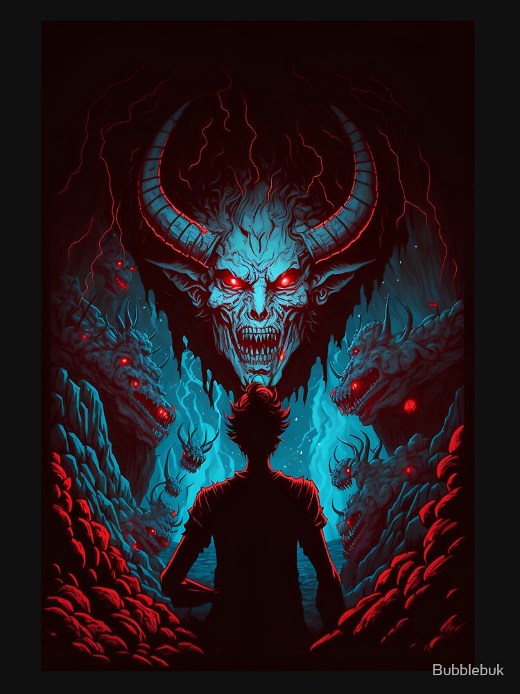 Anime Man Dreaming about Hell Demons and Devils by Bubblebuk Unisex , , , Long Sleeve Tee