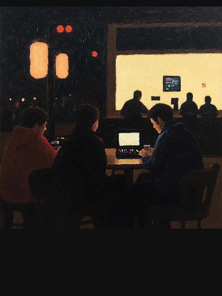 Gaming cafe | Post-impressionist painting style by ComicsFactory Unisex , , , Long Sleeve Tee