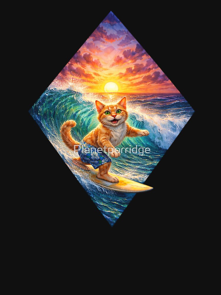 Cat Surfing Sunset Art by Planetporridge Unisex , , , Long Sleeve Tee
