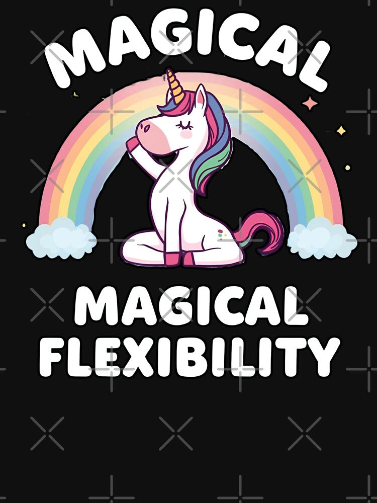 Unicorn doing yoga pose and rainbow aura shining, Magical Flexibility 6 by Neon G Unisex , , , Long Sleeve Tee