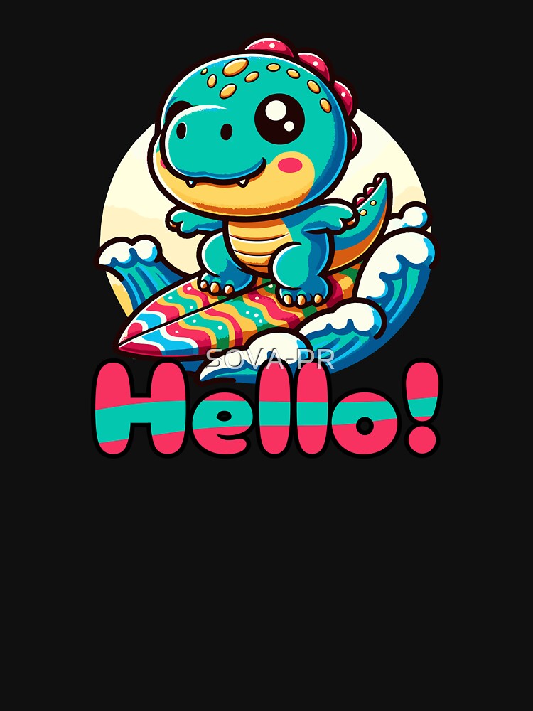 Cute Kawaii Dinosaur Surfing Funny by SOVA-PR Unisex , , , Long Sleeve Tee