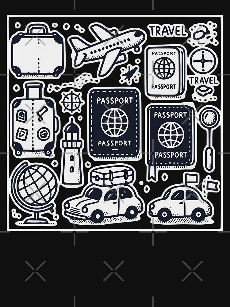 Whimsical Minimalist Travel Icons Passport Adventure Illustration by UniqueCraftsnCo Unisex , , , Long Sleeve Tee