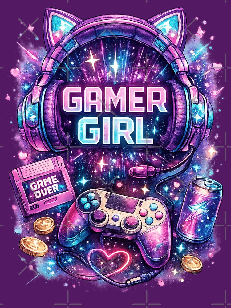 Neon Gamer Girl – Retro Gaming Aesthetic with Cat Ear Headphones by ProDesigns-KM Unisex , , , Long Sleeve Tee